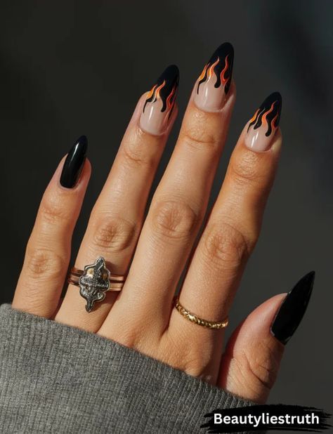 Modern Goth Nails, Unique Nails Black, Powerful Nail Designs, Edgy Almond Nails Designs, Unique Black Nail Designs, Rock Chic Nails, Metal Concert Nails, Black Flame Nail Art, Nails Edgy Grunge