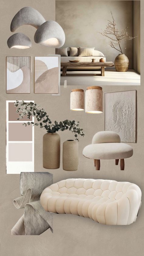 Japandi Minimalist Interior, Trending Living Rooms For 2024, Minimalistic Mood Board, Living Room Trends 2024, Taupe Wall Color, Wabi Sabi Moodboard, Mood Board Minimalist, Wabi Sabi Interior Living Rooms, Japandi Interior Design Living Room