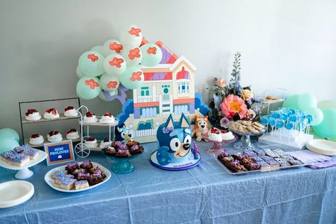 Bluey Cake Table Ideas, Bluey Birthday Dessert Table, Bluey Dessert Table Setup, Bluey Party Decorations Table, Bluey Birthday Party Table Decor, Bluey Candy Table, Bluey Party Backdrop, Bluey Themed Birthday Party Food Ideas, Bluey Table Decorations