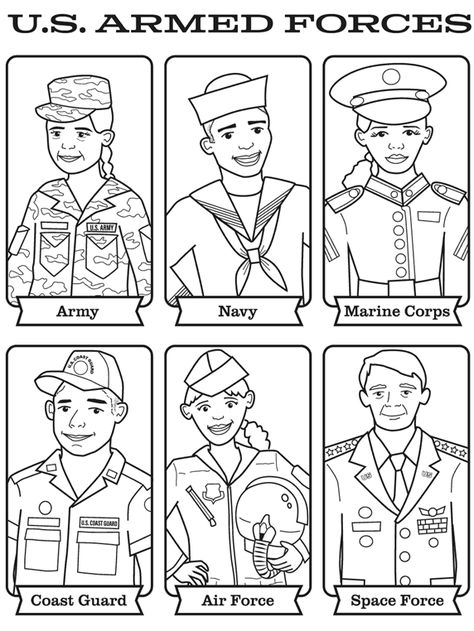 Military Preschool Activities, Army Coloring Pages, Military Coloring Pages, Veterans Day For Kids, Patriotic Crafts For Kids, Force Activities, Veterans Day Coloring Page, Navy Crafts, Branches Of The Military