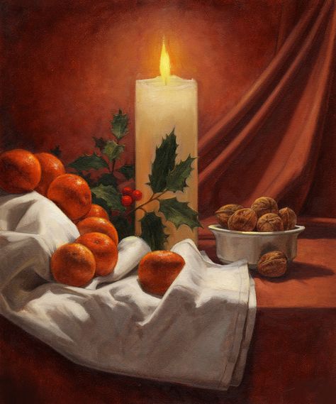 Christmas Composition Drawing, Christmas Still Life, Christmas Composition, Christmas Sketch, Oil Pastels Painting, Christmas Scenery, Dark Christmas, Food Painting, Painted Candles