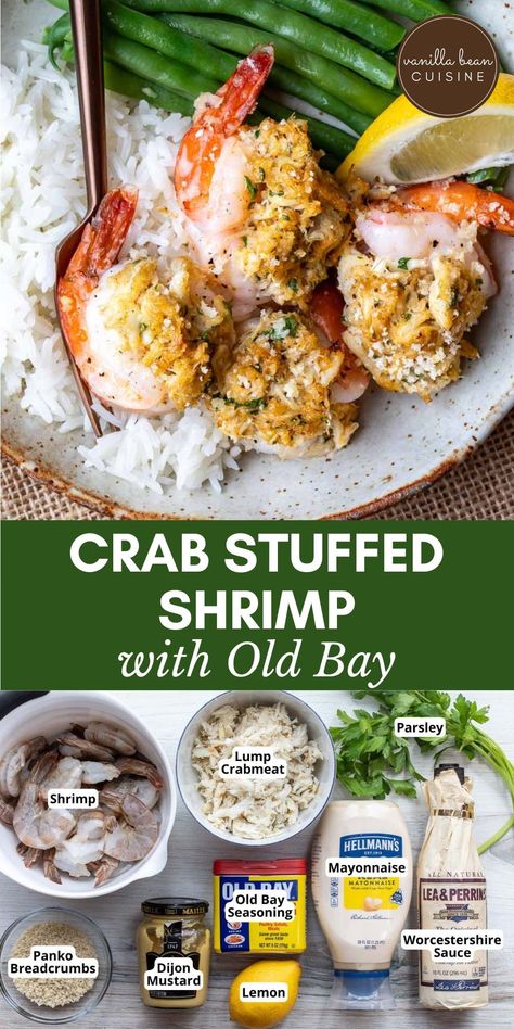 Make your holiday table unforgettable with Crab Stuffed Shrimp. Whether as a starter or the main event, this dish captivates with its succulent crab stuffing, rich buttery goodness, and plenty of Old Bay. A favorite at any gathering. Crab Stuffed Shrimp Recipe, Crab Breakfast, Stuffed Shrimp With Crabmeat, Canned Crab Recipes, Imitated Crab Recipes, Crab Stuffing, Crab Appetizers, Crabmeat Stuffing, Baked Stuffed Shrimp Recipes