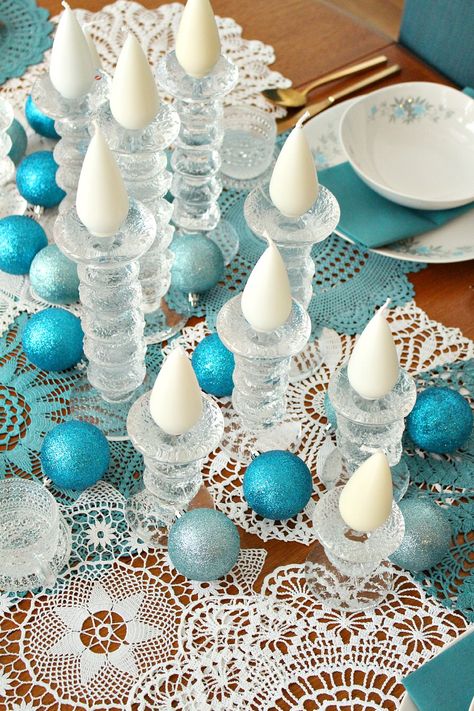 Wintry Tablescape   DIY Dyed Doily Diy Dye, Free Baby Blanket Patterns, Crochet Baby Blanket Free Pattern, Table Setting Inspiration, Thrift Store Crafts, Mantel Decorations, Christmas Table Settings, Christmas Tablescapes, Boho Diy