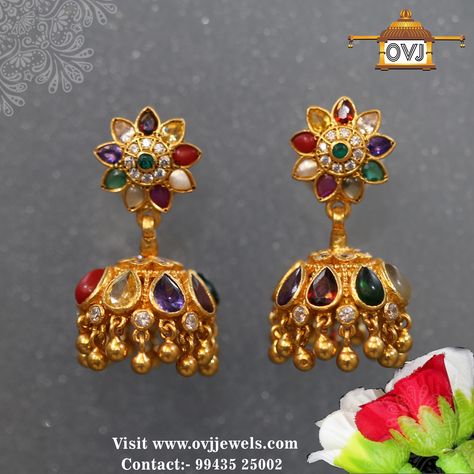 Navaratna Earrings Gold, Navratna Earrings, Navaratan Jewellery, Gold Buttalu, Indian Silver Jewellery, Gold Ideas, 22 Carat Gold Jewellery, Gold Pendent, Bridal Jewellery Design