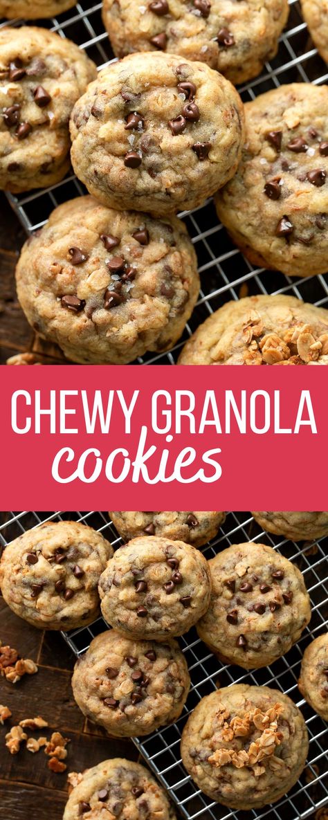 granola cookies with chocolate chips and walnuts Baking With Granola, How To Use Granola In Recipes, Granola Bar Cookies, Chocolate Chip Granola Cookies, Things To Make With Granola, Recipes Using Granola Cereal, Soft Chewy Granola Bars Recipe, Granola Cookies Recipe Healthy, Keto Granola Cookies