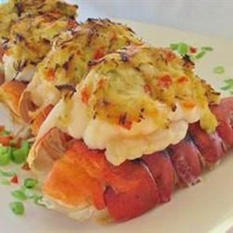 Crab Stuffed Lobster Rayna | "This is a very simple, rich stuffing recipe that isn't just butter and ritz crackers. I have used it to stuff jumbo shrimp when lobster is not an option." #seafood #seafoodrecipes #seafooddishes #recipes Crab Stuffed Lobster Tail Recipe, Stuffed Lobster Tail, Stuffed Lobster, Grilled Lobster Tail, Lobster Recipes Tail, Grilled Lobster, Crab Stuffed, Easy Meals For Two, Lobster Tail