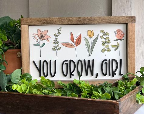 Wood Frame Sign With Flowers, Boho Nursery Hobby Lobby, Wood Garden Signs, Boho Business Decor, Cricut Wood Cutouts, Boho Signs Wall Art, Boho Garden Ideas Diy, Boho Wood Signs, Boho Spring Decor