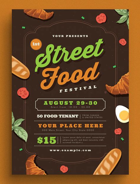 Street Food Festival Flyer Template PSD, AI Food Festival Poster, Food Expo, Food Event, Street Festival, Food Truck Festival, Food Flyer, Clean Eating Recipes Lunch, Pamphlet Design, Festival Flyer