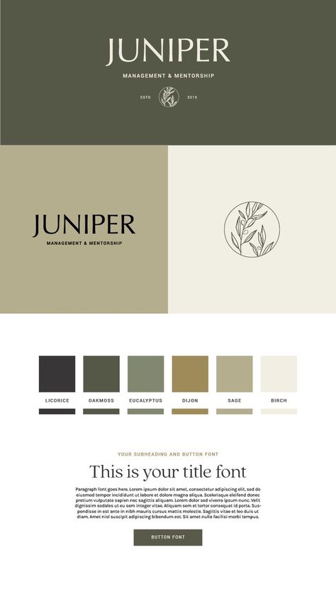 Juniper Color Palette, Grey And Green Palette, Sophisticated Brand Color Palette, Neutral Brand Colors, Brand Pallete, Minimalist Branding Design, Earth Branding, Design Studio Names, Earth Color Palette