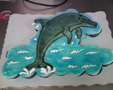 Dolphin Cupcake Cake Dolphin Cupcakes, Dolphin Birthday Cakes, Dolphin Birthday Parties, Dolphin Cakes, Cupcake Flower Bouquets, Dolphin Party, Cake Pulls, Pull Apart Cupcake Cake, Pull Apart Cake