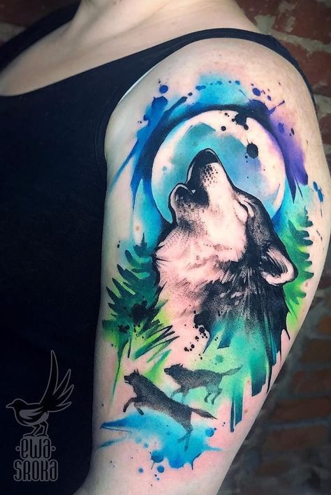 Watercolor Wolf Tattoo, Tato Salib, Watercolor Wolf, Muster Tattoos, Wolf Tattoo Design, Tattoos Geometric, Watercolor Tattoos, Tatuaje A Color, E Tattoo