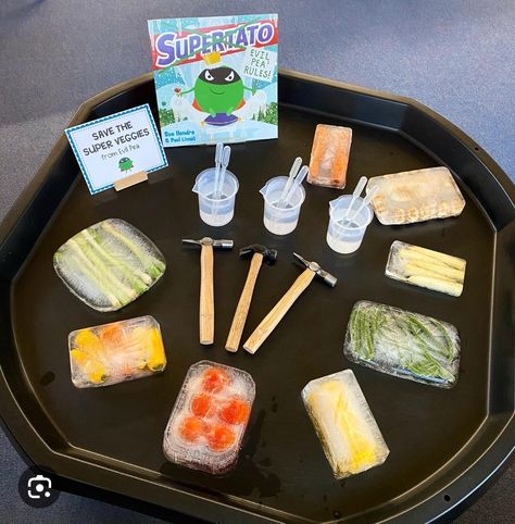 Supertato Tuff Tray Ideas, Eyfs Supertato Activities, English Tuff Tray Ideas, Super Tato Activities, Superhero Topic Eyfs, Food Eyfs Activities, Eyfs Book Activities, Superpotato Activities, Supertato Tuff Tray