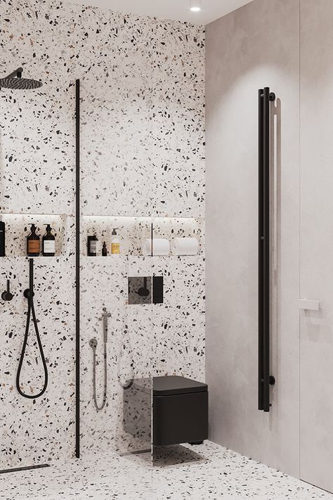 تصميم دورة مياه, Bathroom Wall Tile Design, Terrazzo Bathroom, Dark Bathroom Ideas, Toilet And Bathroom Design, Toilet Room Decor, Washroom Design, Bathroom Design Inspiration, Bathroom Design Ideas