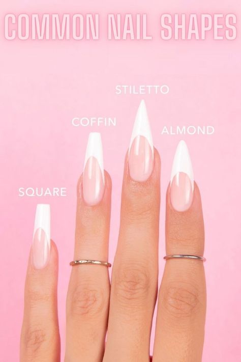 Common nail shapes Almond And Coffin Shaped Nails, Nail Shapes Almond Vs Coffin, Pointy Almond Shaped Nails, Stiletto Vs Almond Nails, Nails Designs For Beginners, Pointy Almond Nails, Nail Shapes For Chubby Fingers, Stiletto Almond Nails, Nails Easy At Home