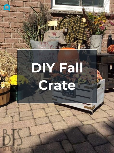 Well it’s that time again! Fall is pretty well here! Today it didn’t feel like it, though — on account of the fact that is was 30 degrees. That didn’t stop me from decking out my front porch, though!Before we get into the fancy pictures of my porch, let's take a look at the DIY fall crate that I made.     I picked up an unfinished crate from Home Depot, some caster wheels, corner braces and I also used paint from The Old Fashioned Milk Paint Company. The colours that I chose were Drift… Fall Wooden Crate Decor, Fall Crate Porch Decor, Crate Fall Decor Ideas, Fall Crate Decor, Fall Porch Decor With Crates, Wood Box Decor, Metal Milk Crates, Fancy Pictures, Crate Decor