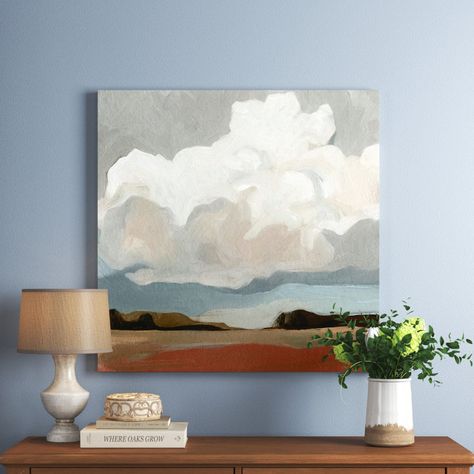 Large Cloud Painting, Large Dining Room Art, Square Acrylic Painting Ideas, Neutral Paintings, Blue Landscape Painting, Moody Landscape, Frame Interior, Cumulus Clouds, Canvas Photography