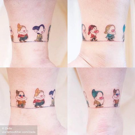 Snow White and the Seven Dwarfs anklet. Seven Dwarfs Tattoo, Tattoo Branca, Cute Disney Tattoos, Snow White Tattoos, Ankle Tattoo Men, Disney Inspired Tattoos, Anklet Tattoos, Explore Tattoo, Sun Tattoos