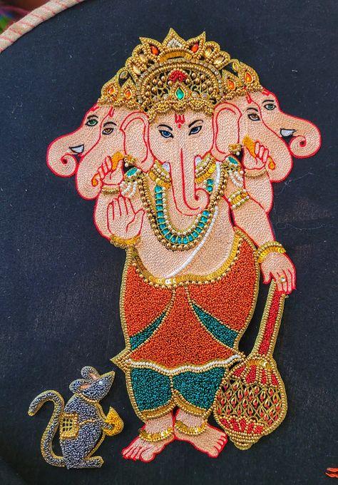 https://instagram.com/hi_fi_aari?igshid=Yzg5MTU1MDY= Vinayagar Aari Work, Aari Motif Designs, Seeding Stitch, Aari Stitches, God Drawings, Diy Embroidery Flowers, God Painting, Khatli Work, Acrylic Rangoli