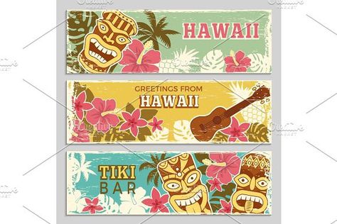 Horizontal banners set with illustrations of hawaiian tribal gods and other different symbols Beach Scrapbook, Palm Tree Vector, Bar Card, Tiki Bars, Different Symbols, Summer Party Invitations, Spa Logo, Bar Poster, Hawaiian Tiki