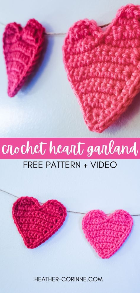 Pinterest graphic for the crochet heart garland free crochet pattern and video tutorial on heather-corinne.com. Crochet Heart Garland, Heart Envelope, Valentine Garland, Envelope Gift, Valentine's Party, Crochet Garland, Heart Applique, Crochet Heart Pattern, Crochet Coaster Pattern