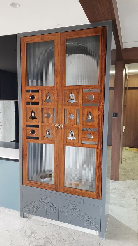 Puja Tall Unit Design, Mandir In Kitchen Cabinet, Puja Unit Door Designs, South Indian Main Door Design, Mandir Gate Design, Pooja Cabinet Design, Mandir Door Design For Home, Mandir Door Design, Puja Unit Design