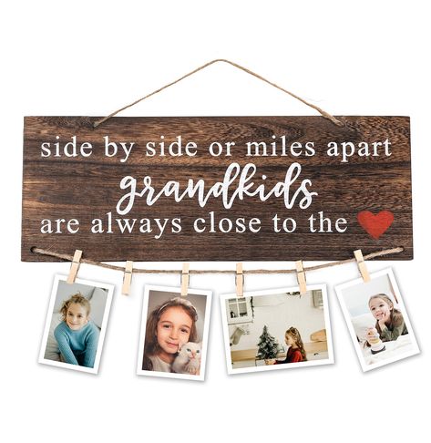 Grandkids Sign, Grandma Photos, Gifts For Grandma, Miles Apart, Rustic Wooden Sign, Photo Holder, Hanging Photos, Grandma And Grandpa, Photo Holders