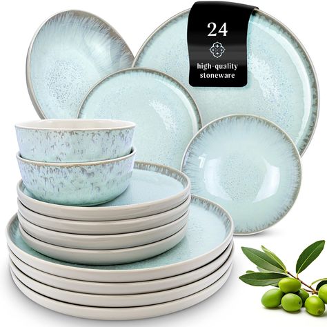 PRICES MAY VARY. ✅ Bring The Casual Mediterranean Flair To Your Home: Experience an unparalleled feeling with this unique 24-piece ceramic dinnerware sets for 8. Warm, light color nuances radiate laid-back island vibes, creating a magically relaxing dining experience ✅ Pure Joy & Culinary Delight: Crafted from solid stoneware with a high-fired, glazed, and scratch-resistant surface, this bowl and plate set is for those who cherish life's beautiful moments and appreciate top-notch quality in thei Kitchen Plates Set, Blue Dinnerware Sets, Dishes Ideas, Ceramic Dish Set, Stoneware Dinner Sets, Dishware Sets, Modern Tableware, Plates And Bowls Set, Kitchen Plate