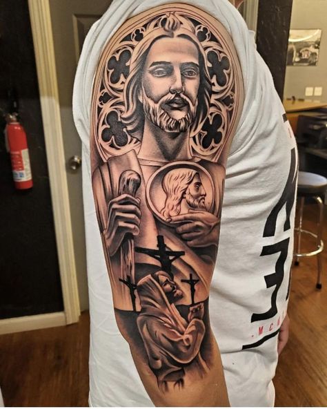 San Judas Shoulder Tattoo, Tattoos To Add To A Sleeve, Mens Religous Tattoo Ideas, San Judas Tadeo Tattoo Sleeve, San Judas Tattoo Design, San Judas Tadeo Tattoo, Religous Tattoo, Religious Tattoo Sleeves, Tatto Sleeve