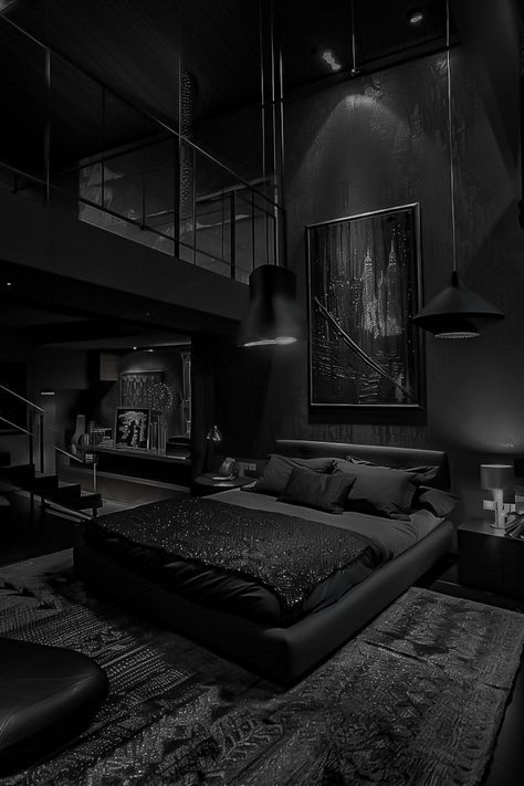 Black Modern House Interior, Black Mansions Luxury, Dark Home Ideas, Mafia Room Aesthetic, Black Mansion Interior, Black Mansion Aesthetic, Mafia House Interior, Dark Mansion Interior, Black Themed House