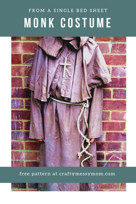 Recycle an old single bed sheet into a monk tunic, with hood and cowl. Diy Fancy Dress Costumes, Dnd Costume, Free Halloween Costumes, Monk Costume, Hooded Cowl Pattern, Halloween Costume Sewing Patterns, Hooded Cowl, Costume Sewing Patterns, Fabric Dye