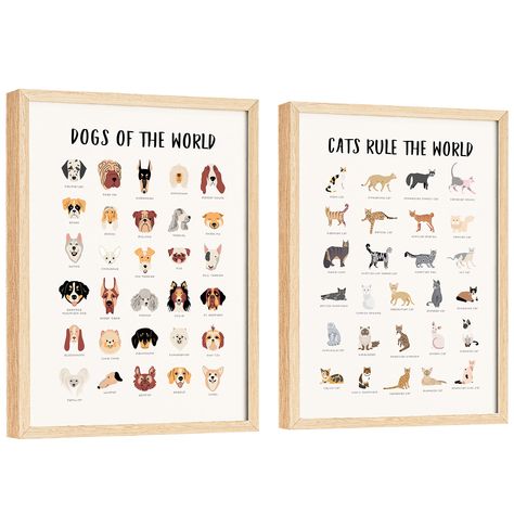 PRICES MAY VARY. CAT BREED POSTER AND DOG BREED IDENTIFICATION CHART: The cat pictures wall decor can become the great gifts for cat lovers because cute cat breed pictures will blow your mind. The artwork of dog poster will give off cute yet mystical decorations PET PORTRAIT: Thanks to cat breed poster and dog breed art, you can have knowledge about all dog and cat identification in the world. Puppy nursery art and kitty cat poster can cover your house by lovely painting. PREMIUM SET FOR DOG WAL Puppy Theme Room, Puppy Room Decor, Dog Nursery Theme, Vintage Dog Art, Puppy Nursery Theme, Dog Breed Poster, Cat Breeds Chart, Dog Nursery Decor, Dog Bedroom