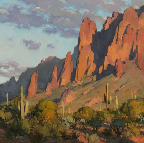 "Superstition Treasures" 16 x 16 oil by Bill Cramer. (Mountain Trails Gallery of Sedona / Tlaquepaque) Western Landscape Paintings, Desert Mountain Painting, Desert Oil Painting, Sedona Painting, Southwest Art Paintings, Desert Landscape Art, Buffalo Painting, Western Artwork, Arizona Landscape