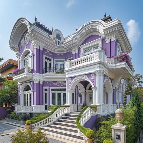 Royal Purple and Frost White in Regal Exterior Color Choices • 333+ Images • [ArtFacade] Purple Brick House, Royal House Design, Purple House Exterior, Bifurcated Staircase, Home Daycare Rooms, Script Dr, Daycare Rooms, Purple Flowers Garden, Purple House