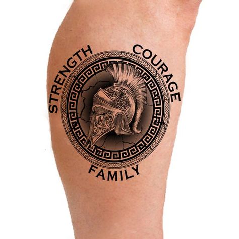 Protector Tattoos For Men, Spartan Tattoo Leg, Spartan Chest Tattoo, Spartan Shield Tattoo, Spartan Tattoo Ideas For Men, Spartan Warrior Tattoo For Men, 300 Spartans Tattoo Ideas, Spartan Tattoo Design, Spqr Tattoo