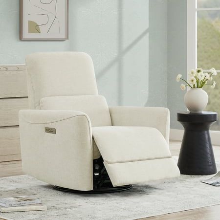 A Family Favorite Thats Easy To Love. Take comfort to the next level with CHITA swivel rocker recliner. There's no better way to relax than in a body-hugging, high back and sink-in neck support recliner. CHITA recliners are upholstered with faux leather and an easy-to-use reclining system, which will be the perfect seating solution to settle in with a simple press of a button. With its' simple modern design, you can incorporate the Chita into any part of your home. Whether it be your living room, bedroom, or your theater room, let CHITA power recliner adds some much needed luxury to your life. Moms Deserve Beautiful Things -Tired of husbands boxy or chunky recliners? -We heard you! The modern nursery glider recliner is sure to be a welcome addition to your nursery or any seating area. Smoo Baby Recliner, Rocker Nursery, Nursery Glider Rocker, Baby 2024, Swivel Glider Recliner, Nursery Glider, Chairs For Small Spaces, Glider Rocker, Glider Recliner