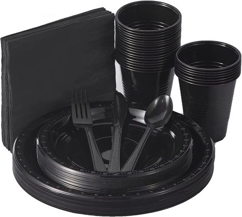 Amazon.com: 175 PCS Black Party Supplies Disposable Dinnerware Set Plastic Plates and Paper Napkins Cups Silverware Serve 25 Sets for Birthday Bridal Shower Wedding Engagement Graduation Parties : Health & Household Black Tableware Wedding, Fancy Halloween Party, Black Plastic Plates, Black Tableware, Plastic Dinnerware Sets, Gold Silverware, Gold Graduation Party, Gold Dinnerware, Plastic Dinnerware