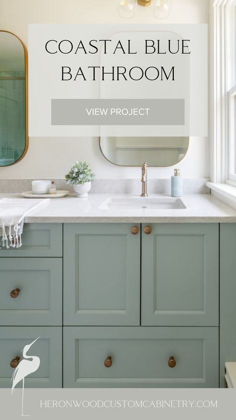 This bathroom is a serene coastal retreat. The sea glass-inspired blue cabinetry creates a calming atmosphere, complemented by luxurious gold finishes. The shower tile, perfectly matched to the cabinetry color, ties the space together with a seamless flow. Every detail has been thoughtfully curated, balancing elegance and tranquility to create a space that feels like a breath of fresh air.

#LuxuryHomes #HomeDesign #CustomCabinetry #VancouverIslandHomes #LuxuryBathrooms #CustomBathroom Coastal Bathroom Cabinets, Sea Salt Bathroom, Blue Bathroom Cabinets, Blue Cabinetry, Coastal Bathrooms, Heritage House, Calming Atmosphere, A Breath Of Fresh Air, Coastal Retreat