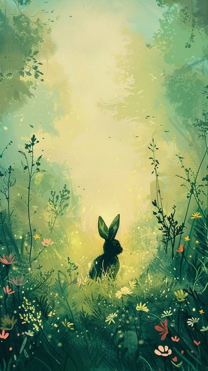 In this captivating illustration, a solitary rabbit sits tranquilly in the midst of a lush, mystical forest. The morning sun filters through the canopy, casting a gentle, ethereal glow that bathes the scene in a spectrum of soft, warm hues. Delicate wildflowers and rich greenery create a sense of tranquility, inviting the viewer into a world of peace and natural wonder. The rabbit, perfectly at ease in this enchanted setting, becomes the embodiment of the forest's quiet beauty. Enchanted Forest Illustration, Enchanted Art, Forest Clearing, Jalur Langit, Quiet Beauty, Winter Illustration, Forest Background, Mystical Forest, Forest Illustration