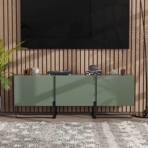 Tv Unit Sage, Tv Stand Color Ideas, Sage Green Entertainment Center, Sage Green Tv Stand, Green Tv Console, Green Entertainment Center, Colorful Tv Stand, Green Tv Wall, Green Tv Unit