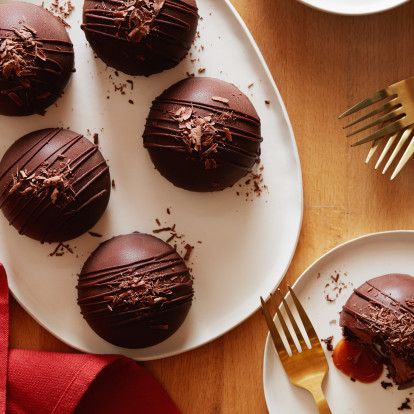 Chocolate-Caramel Domes by Food Network Kitchen Chocolate Domes, Cheesecake Dome, Dome Dessert, Dome Desserts Recipe, Dome Mold Dessert, Chocolate Dome Dessert Melting, Chocolate Dome, Snap Pea Salad, Small Microwave