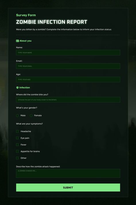 Survey Form - Zombie infection report. My first project for the freeCodeCamp's Responsive Web Design course. Survey Form Design, Survey Form, Web Design Course, Html5 Templates, Responsive Web Design, Drawing Tutorial Easy, Responsive Web, Form Design, Syntax