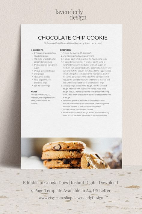 Create your own personalized collection of recipes, easily editable in Google Docs. This will make a wonderful addition to your recipe collection inside your recipe binder or book! 

#recipecardtemplate #editablerecipetemplate #recipetemplate #microsoftwordrecipetemplate #recipebinder #recipecookbook Cook Book Recipe Design, Cookbook Design Ideas, Recipe Layout Design, Recipe Book Layout, Cookbook Design Template, Recipe Layout, Cookbook Pages, Receipt Design, Recipe Graphic