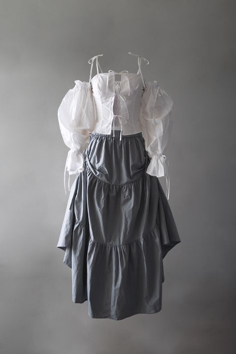 White bows and ribbons whiskers blouse and grey ruffled tiers skirt adjustable Multiple Universes, Ruffle Skirt Outfit, Insta Outfits, Ribbon Skirts, Blouse Lace, Skirt Outfit, Rainy Day Outfit, Ruffle Skirt, White Blouse