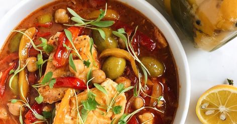 Citrus Olives, Moroccan Fish, Halibut Recipes, Green Fish, Fish Stew, Preserved Lemons, Green Olives, Canned Chickpeas, Spice Mixes