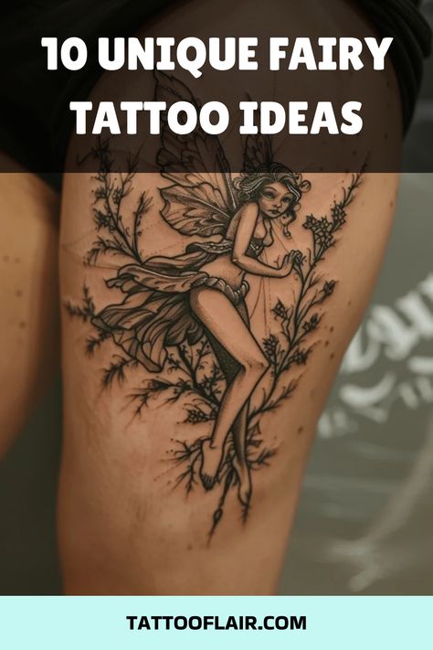 Fairy tattoos blend magic with artistry. They can symbolize hope, dreams, and a touch of the mystical in our everyday lives. Whether inked in delicate lines or bold shadows, each design tells a story. In this article I’ll go through a variety of fairy tattoo ideas that capture imagination on skin. From whimsical to profound, these tattoos are more than just ink—they are expressions of personal mythology. Ethereal Fairy Wrist Tattoo This tattoo captures a fairy in mid-movement, reaching toward a Earth Fairy Tattoo, Dragon And Fairy Tattoo, Womens Leg Tattoo Ideas, Mythical Tattoos For Women, Dark Fairy Tattoo Designs, Moon Fairy Tattoo, Fairy House Tattoo, Fairy Tattoos For Women, Whimsical Tattoos For Women