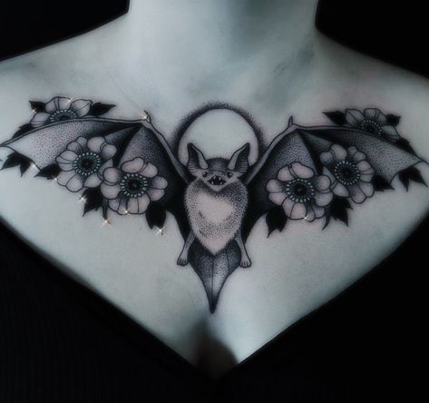 Bat Chest Tattoos For Women, Bat Chest Piece Tattoo Female, Bat Stomach Tattoos Women, Bat Chest Piece, Bat Chest Tattoo Female, Chest Tattoo Bat, Floral Bat Tattoo, Bat Neck Tattoo, Bat Tatoos