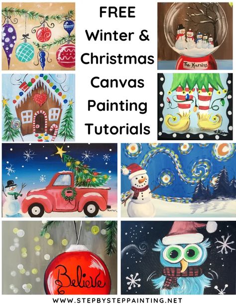 Winter & Christmas Canvas Paintings - Step By Step Painting Winter Canvas Painting, Paintings Step By Step, Easy Christmas Paintings, Christmas Canvas Painting, Things Paint, Painted Pictures, Quick Projects, Christmas Canvas Art, Christmas Paintings On Canvas