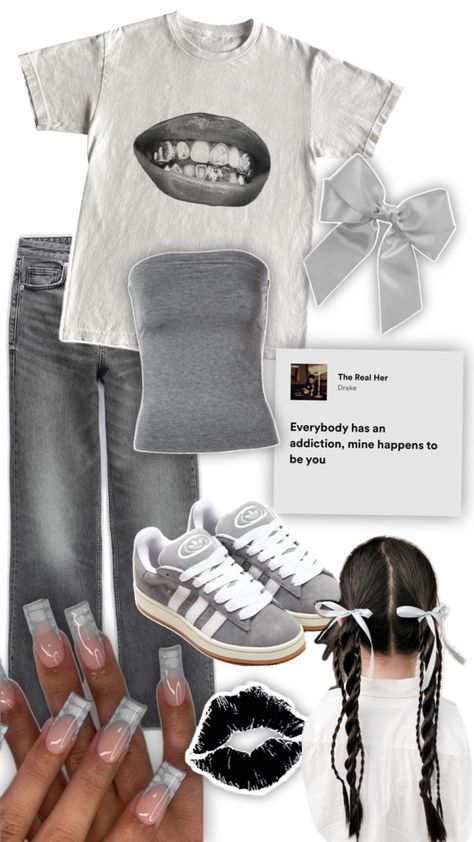 a grey graphic tee with a grey tube top underneath, and a dark grey pair of jeans. the shoes are grey adidas campus 00s. and has a cute hairstyle with grey bows! Grey Graphic Tee Outfit, Grey Graphic Tee, Graphic Tee Outfit, Graphic Tee Outfits, Tee Outfit, Graphic Tee, Graphic Tees, My Style, Grey