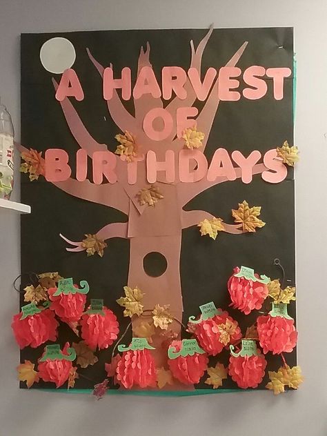 Infant Fall Birthday board Fall Birthday Bulletin Boards Preschool, November Birthday Board Ideas, Halloween Birthday Board, September Birthday Bulletin Board Ideas, September Birthday Board Ideas, Fall Birthday Boards For Daycare, Fall Birthday Bulletin Board Ideas, Fall Birthday Board Classroom, October Birthday Board