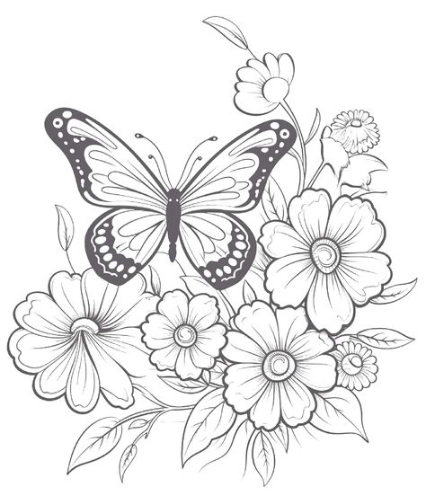 Butterfly Coloring Pages, Printable Flower Coloring Pages, Butterfly Coloring, Spring Coloring Pages, Flower Art Drawing, Free Adult Coloring Pages, Butterfly Drawing, Embroidery Flowers Pattern, Flower Printable